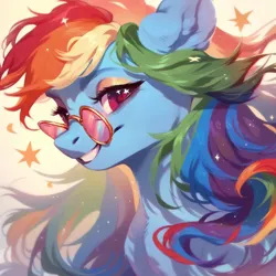 Size: 1024x1024 | Tagged: safe, ai content, derpibooru import, machine learning assisted, machine learning generated, stable diffusion, rainbow dash, pegasus, pony, beautiful, cute, ear fluff, eyeshadow, fluffy, g4, generator:purplesmart.ai, glasses, image, jpeg, long hair, long mane, makeup, multicolored hair, pink eyes, prompter:saltyvity, rainbow hair, simple background, smiley face, smiling, solo, stars