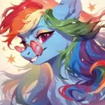 Size: 1024x1024 | Tagged: safe, ai content, derpibooru import, machine learning assisted, machine learning generated, stable diffusion, rainbow dash, pegasus, pony, beautiful, cute, ear fluff, eyeshadow, fluffy, g4, generator:purplesmart.ai, glasses, image, jpeg, long hair, long mane, makeup, multicolored hair, pink eyes, prompter:saltyvity, rainbow hair, simple background, smiley face, smiling, solo, stars