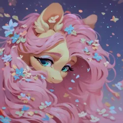 Size: 1024x1024 | Tagged: safe, ai content, derpibooru import, machine learning assisted, machine learning generated, stable diffusion, fluttershy, pegasus, pony, beautiful, cute, ear fluff, eyeshadow, flower, flower in hair, fluffy, generator:purplesmart.ai, green eyes, image, jpeg, long hair, long mane, makeup, night, pink hair, pink mane, prompter:saltyvity, sad, sad face, simple background, solo, sparkles