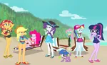 Size: 3095x1894 | Tagged: safe, derpibooru import, applejack, fluttershy, pinkie pie, rainbow dash, rarity, sci-twi, spike, spike the regular dog, sunset shimmer, twilight sparkle, dog, human, equestria girls, beach, bikini, clothes, female, hat, image, male, png, swimsuit