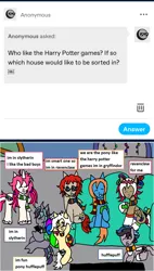 Size: 1170x2063 | Tagged: safe, artist:ask-luciavampire, derpibooru import, oc, changeling, earth pony, pegasus, pony, unicorn, ask, harry potter (series), image, png, tumblr
