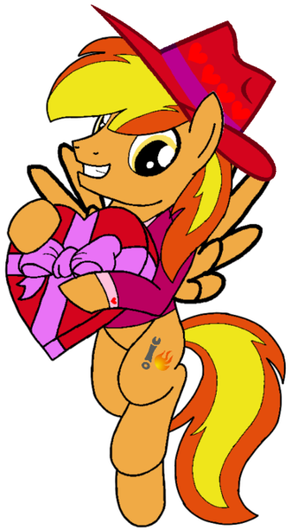 Size: 469x858 | Tagged: safe, artist:noi kincade, derpibooru import, oc, oc:firey ratchet, unofficial characters only, pegasus, pony, box of chocolates, fedora, g4, hat, holiday, image, male, png, simple background, solo, transparent background, valentine's day