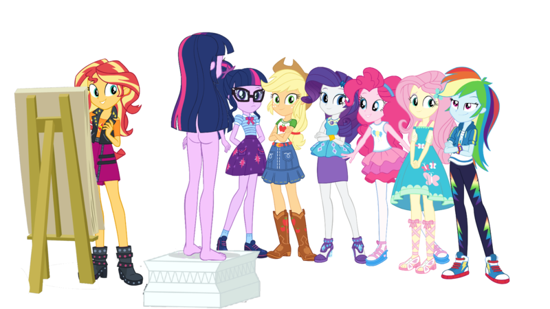 Size: 1920x1080 | Tagged: suggestive, artist:invisibleink, derpibooru import, edit, editor:mlpfan3991, applejack, fluttershy, pinkie pie, rainbow dash, rarity, sci-twi, sunset shimmer, twilight sparkle, human, equestria girls, applejack's hat, boots, bracelet, butt, clothes, converse, cowboy hat, crossed arms, drawing, easel, female, fluttershy boho dress, g4, hairpin, hat, headband, high heels, image, jacket, jewelry, lace sandals, nude model, nudity, pants, pantyhose, pedestal, png, rah rah skirt, rarity peplum dress, shirt, shoes, simple background, skirt, sleeveless, smiling, smirk, sneakers, t-shirt, transparent background, twibutt, twolight, vector, vest