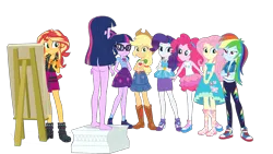 Size: 1920x1080 | Tagged: suggestive, artist:invisibleink, derpibooru import, edit, editor:mlpfan3991, applejack, fluttershy, pinkie pie, rainbow dash, rarity, sci-twi, sunset shimmer, twilight sparkle, human, equestria girls, applejack's hat, boots, bracelet, butt, clothes, converse, cowboy hat, crossed arms, drawing, easel, female, fluttershy boho dress, g4, hairpin, hat, headband, high heels, image, jacket, jewelry, lace sandals, nude model, nudity, pants, pantyhose, pedestal, png, rah rah skirt, rarity peplum dress, shirt, shoes, simple background, skirt, sleeveless, smiling, smirk, sneakers, t-shirt, transparent background, twibutt, twolight, vector, vest