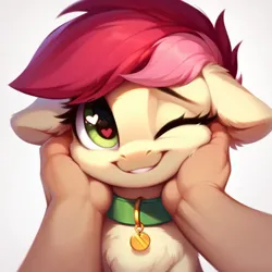 Size: 1024x1024 | Tagged: safe, ai content, derpibooru import, machine learning generated, prompter:doom9454, stable diffusion, roseluck, human, pony, behaving like a cat, bust, collar, cute, fluffy, generator:purplesmart.ai, hand, image, offscreen character, offscreen human, pet tag, petting, png, pony pet, portrait, rosepet