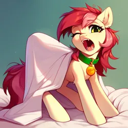 Size: 1024x1024 | Tagged: safe, ai content, derpibooru import, machine learning generated, prompter:doom9454, stable diffusion, roseluck, pony, bed, behaving like a cat, blanket, collar, cute, fangs, fluffy, generator:purplesmart.ai, image, messy mane, pet tag, png, pony pet, rosepet, standing, stretching, yawn