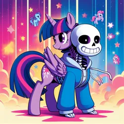 Size: 1024x1024 | Tagged: safe, ai content, derpibooru import, machine learning generated, twilight sparkle, twilight sparkle (alicorn), ponified, alicorn, pony, generator:bing image creator, generator:dall-e 3, image, jpeg, sans (undertale), undertale, what has science done