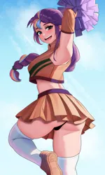 Size: 800x1334 | Tagged: suggestive, artist:tzc, derpibooru import, sunny starscout, human, g5, armpits, ass, black underwear, blushing, butt, cheerleader, cheerleader outfit, clothes, cute, female, humanized, image, jpeg, jumping, midriff, open mouth, panties, pom pom, shoes, skirt, sneakers, socks, solo, solo female, stockings, sunnybetes, thigh highs, underwear, upskirt