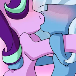 Size: 2000x2000 | Tagged: safe, artist:bubblegooey, derpibooru import, starlight glimmer, trixie, pony, unicorn, bipedal, blushing, blushing profusely, derpibooru exclusive, female, g4, hidden eyes, hidden face, high res, holding each other, image, kiss on the lips, kissing, lesbian, mare, png, shipping, startrix