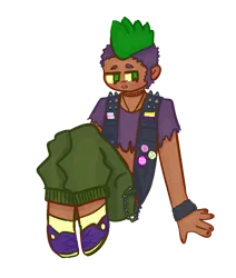 Size: 1082x1275 | Tagged: safe, artist:clandestine, derpibooru import, spike, dragon, human, acne, cargo shorts, clothes, humanized, image, mohawk, mouthpiece, nonbinary, painted nails, png, politics, short shirt, simple background, solo, sweatband, transfeminine, transparent background, vest