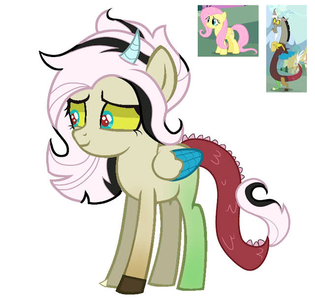 Size: 640x606 | Tagged: safe, artist:its.hxnnxh_, derpibooru import, discord, fluttershy, oc, unnamed oc, draconequus, hybrid, pegasus, pony, colored wings, female, horn, image, interspecies offspring, male, mare, offspring, parent:discord, parent:fluttershy, parents:discoshy, png, screencap reference, simple background, white background, wings, youtube link