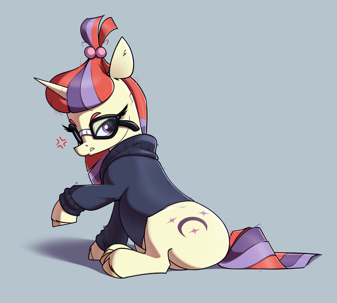 Size: 2558x2295 | Tagged: safe, artist:aquaticvibes, derpibooru import, moondancer, pony, unicorn, annoyed, clothes, female, g4, glasses, image, mare, png, raised hoof, simple background, sitting, solo, sweater