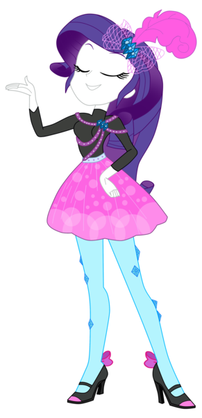 Size: 4425x9129 | Tagged: safe, artist:lobo299, derpibooru import, rarity, human, equestria girls, absurd resolution, breasts, clothes, diamond, eyes closed, feather, female, g4, hairclip, hand on hip, high heels, image, jewelry, long sleeves, png, ribbon bow tie, shoes, skirt, smiling, socks, solo, stockings, sweater, thigh highs, turtleneck