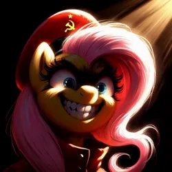 Size: 1024x1024 | Tagged: safe, ai content, derpibooru import, machine learning generated, prompter:enterusxrname, fluttershy, pony, black background, clothes, communism, evil grin, g4, generator:bing image creator, generator:dall-e 3, grin, image, jpeg, outfit, prompt in description, simple background, smiling, solo