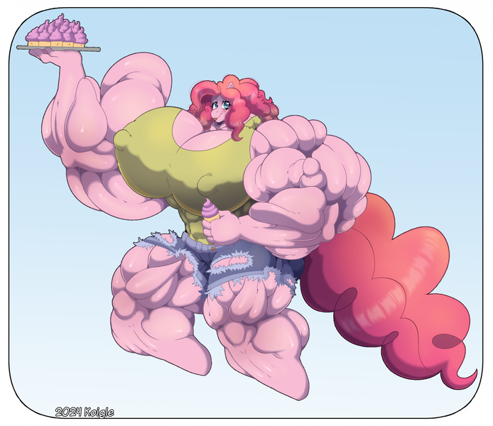 Size: 2064x1785 | Tagged: suggestive, artist:autumnmelody, derpibooru import, pinkie pie, anthro, big breasts, breasts, clothes, cupcake, erect nipples, food, huge breasts, image, impossibly large breasts, jeans, muscles, nipple outline, overdeveloped muscles, pants, pinkie pump, png, ripped jeans, ripped pants, torn clothes