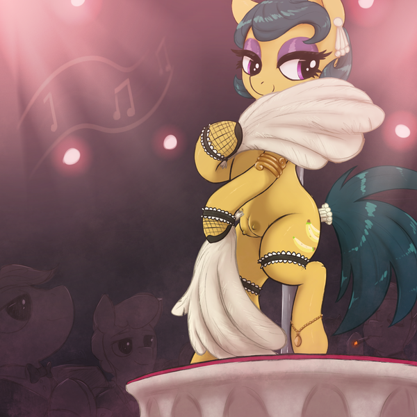 Size: 3000x3000 | Tagged: questionable, artist:t72b, derpibooru import, cleopatra jazz, earth pony, pony, art pack:we don't normally wear clothes, background pony, bipedal, bipedal leaning, clothes, crotchboobs, dancing, ear piercing, earring, fan, feather, female, fishnets, garters, hand fan, hoof hold, image, jewelry, leaning, male, mare, mascara, music notes, nipples, nudity, pearl, piercing, png, pole dancing, raised leg, stallion, stripper pole, suit, watching