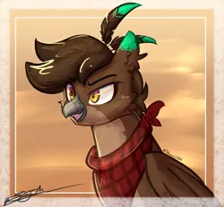 Size: 1785x1651 | Tagged: safe, artist:staceyld636, derpibooru import, oc, oc:gertz "tips" brightfeather, gryphon, beak, clothes, commission, eared griffon, feather, griffon oc, image, male, png, scarf, smiling, smirk