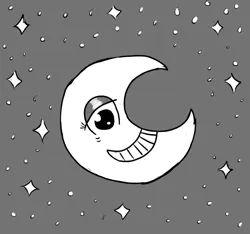 Size: 640x600 | Tagged: safe, artist:ficficponyfic, derpibooru import, oc, oc:joyride, unofficial characters only, colt quest, complex background, crescent moon, cyoa, face, grin, image, monochrome, moon, no pony, png, smiling, solo, starry night, stars, story included