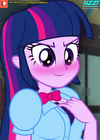 Size: 320x448 | Tagged: questionable, artist:uzzi-ponydubberx, derpibooru import, twilight sparkle, human, equestria girls, animated, blushing, breasts, busty twilight sparkle, censored, censored breasts, clothes, female, gif, image, partial nudity, patreon, patreon censored, patreon logo, solo, solo female, topless