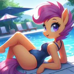 Size: 1024x1024 | Tagged: safe, ai content, derpibooru import, machine learning generated, scootaloo, anthro, blue swimsuit, clothes, cute, cutealoo, generator:bing image creator, generator:dall-e 3, hoof hands, image, jpeg, looking at you, lying down, missing cutie mark, on back, one-piece swimsuit, outdoors, smiling, smiling at you, solo, swimming pool, swimsuit, umbrella, wingless, wingless anthro