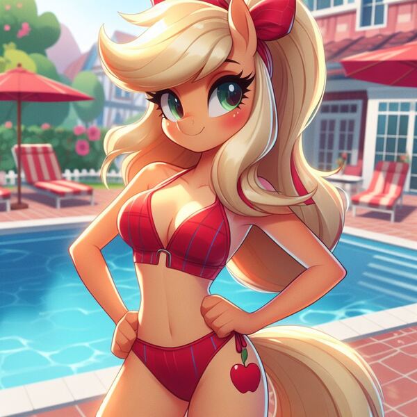 Size: 1024x1024 | Tagged: safe, ai content, derpibooru import, machine learning generated, applejack, anthro, earth pony, adorasexy, alternate hairstyle, applebetes, belly button, bikini, blushing, breasts, cleavage, clothes, cute, g4, generator:bing image creator, generator:dall-e 3, hair ribbon, hand on hip, image, jpeg, looking at you, outdoors, ponytail, red bikini, ribbon, sexy, smiling, smiling at you, solo, standing, swimming pool, swimsuit, umbrella