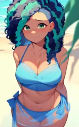 Size: 2560x4096 | Tagged: suggestive, ai content, derpibooru import, editor:sammykun, machine learning generated, stable diffusion, human, g5, my little pony: a new generation, beach, belly button, big breasts, bikini, blurr, breasts, busty misty brightdawn, cleavage, clothes, curly hair, cute, dark skin, female, generator:pony diffusion v6 xl, generator:purplesmart.ai, humanized, image, leaf, looking at you, midriff, misty brightdawn, mistybetes, ocean, png, prompter:sammykun, sand, shy, skirt, smiling, solo, swimsuit, water, wide hips