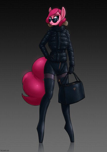 Size: 1614x2283 | Tagged: suggestive, alternate version, artist:vanschalk, derpibooru import, pinkie pie, anthro, earth pony, pony, robot, robot pony, unguligrade anthro, alternate hairstyle, ballet boots, bodysuit, bondage, cameltoe, clothes, cosplay, costume, downjacket, encased, encasement, female, fetish, fur lined collar, g4, gloves, gradient background, gray background, gynoid, hand on hip, image, implied human, jpeg, leggings, lidded eyes, lingerie, lipstick, long tail, looking offscreen, mask, masking, mech suit, mecha, panties, pinkie bot, ponysuit, pose, purse, reflecting floor, robot suit, roboticization, signature, simple background, smiling, solo, solo female, standing, sunglasses, tail, tight clothing, tiptoe, transformation, underwear