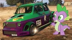 Size: 1009x564 | Tagged: safe, artist:didgereethebrony, derpibooru import, part of a set, screencap, spike, dragon, 1000 hours in ms paint, car, grand theft auto, image, png, solo