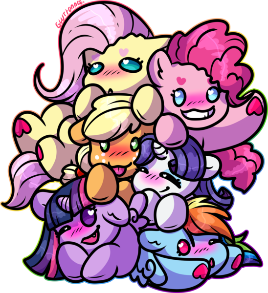 Size: 1704x1866 | Tagged: safe, artist:sexygoatgod, derpibooru import, applejack, fluttershy, pinkie pie, rainbow dash, rarity, twilight sparkle, twilight sparkle (alicorn), alicorn, earth pony, pegasus, pony, unicorn, :3, :<, :p, ^^, chibi, commission, cute, cute little fangs, eyes closed, fangs, female, group, image, mane six, mare, pile, png, pony pile, simple background, tongue out, transparent background, underhoof, your character here