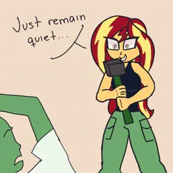 Size: 1280x1280 | Tagged: safe, artist:peel_a_na, derpibooru import, sunset shimmer, oc, oc:anon, equestria girls, annoyed, clothes, hammer, image, imminent violence, jpeg, revenge, simple background, tanktop