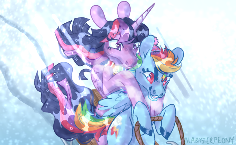 Size: 2048x1260 | Tagged: safe, artist:alabasterpeony, derpibooru import, rainbow dash, twilight sparkle, twilight sparkle (alicorn), alicorn, pegasus, pony, duo, female, image, mare, png, sled, sledding, snow, wind, windswept mane, winter