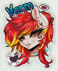 Size: 2022x2505 | Tagged: safe, artist:paintedcora, derpibooru import, oc, oc:lazy sunday, pony, unicorn, badge, con badge, ear piercing, emo, eyeshadow, goth, harmonycon, image, looking at you, makeup, piercing, png, punk, solo, xd