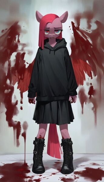 Size: 768x1344 | Tagged: semi-grimdark, ai content, derpibooru import, machine learning generated, prompter:kopaleo, stable diffusion, pinkie pie, anthro, blood, boots, clothes, generator:pony diffusion v6 xl, hoodie, image, jpeg, pinkamena diane pie, prompt in description, shoes, skirt, solo