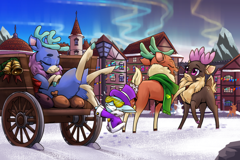 Size: 2400x1600 | Tagged: safe, artist:redahfuhrerking, derpibooru import, cap (tfh), cashmere (tfh), oc, deer, reindeer, them's fightin' herds, aurora borealis, cart, community related, image, png