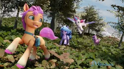 Size: 5120x2880 | Tagged: safe, artist:reinbou, derpibooru import, izzy moonbow, pipp petals, sunny starscout, zipp storm, earth pony, pegasus, pony, unicorn, g5, 3d, blender, blender cycles, flying, forest, image, nature, png, render, running, tree