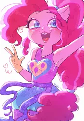 Size: 1423x2048 | Tagged: safe, artist:kinokoo-san, derpibooru import, pinkie pie, human, equestria girls, armpits, bucktooth, clothes, eye clipping through hair, female, gloves, image, jpeg, open mouth, open smile, ponied up, simple background, smiling, solo, super ponied up, white background