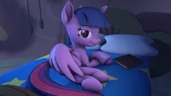 Size: 3840x2160 | Tagged: suggestive, artist:~stuffguy123, derpibooru import, twilight sparkle, twilight sparkle (alicorn), alicorn, pony, 3d, bed, bedroom, book, covering, g4, image, looking at you, moonlight, night, png, source filmmaker, spread wings, wing covering, wings
