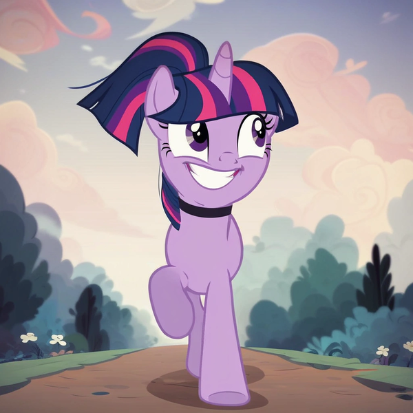 Size: 1024x1024 | Tagged: safe, ai content, derpibooru import, machine learning generated, prompter:enterusxrname, stable diffusion, twilight sparkle, pony, unicorn, choker, g4, generator:purplesmart.ai, grin, image, outdoors, png, ponytail, prompt in description, show accurate, smiling, solo, walking