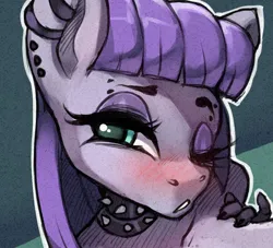 Size: 1124x1019 | Tagged: suggestive, artist:darknud, derpibooru import, maud pie, anthro, earth pony, pony, blushing, bust, choker, ear piercing, earring, eyebrow piercing, female, image, jewelry, jpeg, looking at you, mare, one eye closed, piercing, preview, solo, solo female, spiked choker