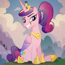 Size: 4096x4096 | Tagged: safe, ai content, derpibooru import, machine learning generated, prompter:enterusxrname, stable diffusion, princess cadance, alicorn, absurd resolution, crown, g4, generator:purplesmart.ai, grin, image, jewelry, jpeg, outdoors, ponytail, prompt in description, regalia, show accurate, sitting, smiling, solo, upscaled