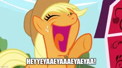 Size: 888x499 | Tagged: safe, derpibooru import, edit, screencap, applejack, friendship is magic, caption, faic, g4, heyyeyaaeyaaaeyaeyaa, image, image macro, imgflip, jpeg, text