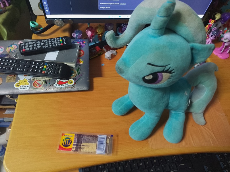 Size: 4000x3000 | Tagged: safe, derpibooru import, trixie, pony, crackers, food, image, jpeg, peanut butter, peanut butter crackers, plushie, that pony sure does love peanut butter crackers