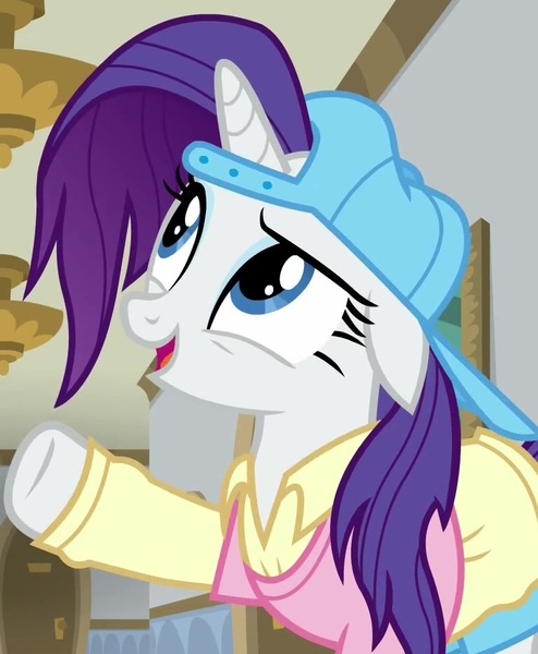 Size: 768x932 | Tagged: safe, derpibooru import, screencap, rarity, pony, unicorn, friendship university, season 8, spoiler:s08, alternate hairstyle, backwards ballcap, baseball cap, cap, clothes, cropped, disguise, female, g4, hat, image, jpeg, mare, plainity, raised hoof, solo