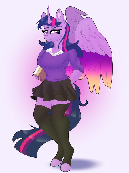 Size: 5000x6700 | Tagged: safe, artist:unknownartist20, derpibooru import, twilight sparkle, twilight sparkle (alicorn), alicorn, anthro, unguligrade anthro, book, clothes, colored wings, image, multicolored wings, png, skirt, socks, solo, stockings, sweater, thigh highs, wings