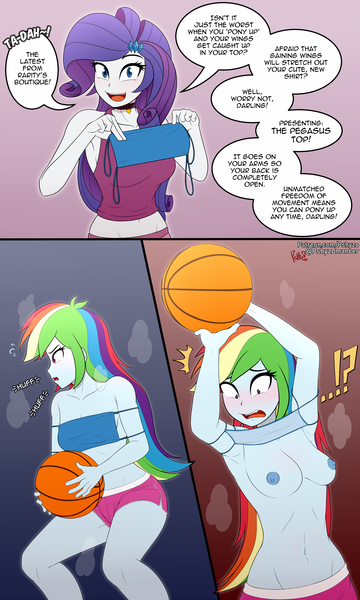 Size: 1500x2500 | Tagged: questionable, artist:pshyzomancer, derpibooru import, rainbow dash, rarity, human, equestria girls, accidental exposure, armpits, ball, basketball, breasts, clothes, dialogue, embarrassed, embarrassed nude exposure, flashing, g4, humanized, image, nipples, nudity, png, shorts, speech bubble, sports, text, wardrobe malfunction