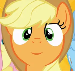 Size: 1125x1072 | Tagged: safe, derpibooru import, edit, edited screencap, editor:twilyisbestpone, screencap, applejack, fluttershy, rainbow dash, earth pony, pegasus, pony, season 5, what about discord?, amused, applejack is amused, cropped, cute, female, g4, image, inverted mouth, jackabetes, looking at you, mare, png, smiling, smiling at you, solo focus
