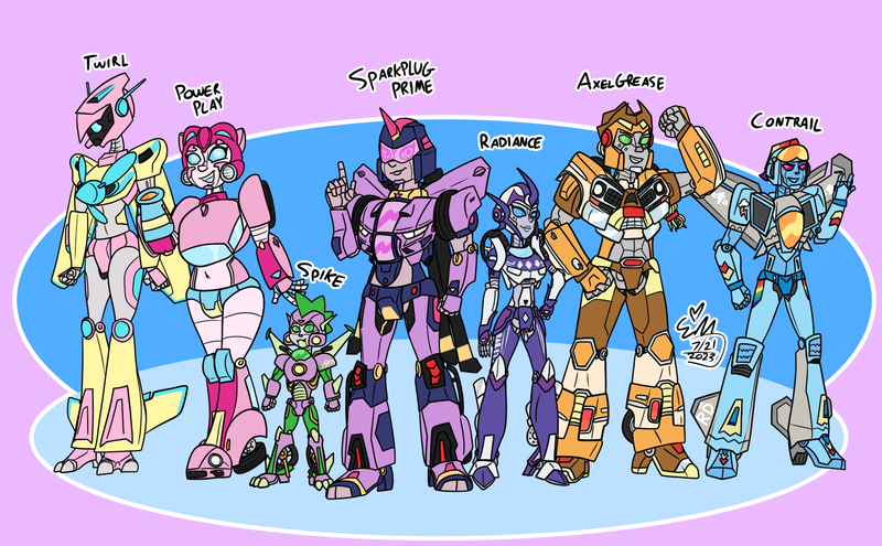 Size: 2100x1300 | Tagged: safe, artist:erynerikard, derpibooru import, applejack, fluttershy, pinkie pie, rainbow dash, rarity, spike, twilight sparkle, robot, alternate universe, crossover, cybertronian, digital art, image, mane six, png, species swap, transformers