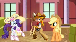 Size: 5419x3049 | Tagged: safe, artist:cloudy glow, artist:cloudyglow, artist:sollace, artist:user15432, derpibooru import, applejack, rarity, earth pony, human, pony, unicorn, clothes, cowboy hat, cowgirl boots, cowgirl outfit, cowgirl peach, cowgirl position, cowgirl style, crossover, hat, image, lasso, png, princess peach, princess peach showtime, raripeach, rope, super mario bros., sweet apple acres