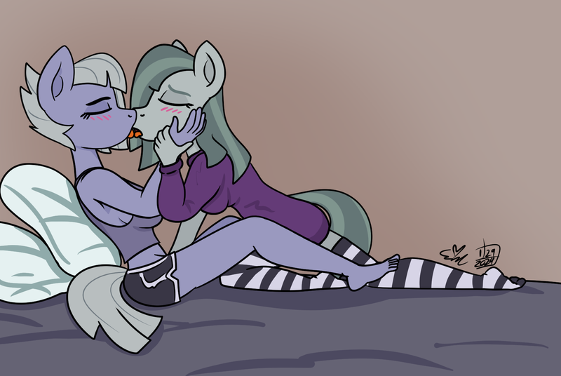 Size: 1758x1177 | Tagged: source needed, suggestive, artist:erynerikard, derpibooru import, limestone pie, marble pie, anthro, earth pony, blushing, clothes, digital art, feet, female, hand on cheek, hoodie, image, incest, kissing, lesbian, making out, marblime, piecest, png, ship:marblime, shipping, shirt, shorts, siblings, sisters, socks, striped socks, undershirt