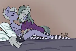 Size: 1758x1177 | Tagged: source needed, suggestive, artist:erynerikard, derpibooru import, limestone pie, marble pie, anthro, earth pony, blushing, clothes, digital art, feet, female, hand on cheek, hoodie, image, incest, kissing, lesbian, making out, piecest, png, ship:marblime, shipping, shirt, shorts, siblings, sisters, socks, striped socks, undershirt
